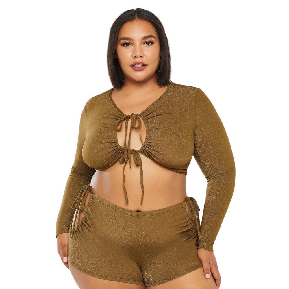 Savage X Fenty "Sleep and Shine" LS Crop Tee Sleepwear - Military Olive-Size: 3X